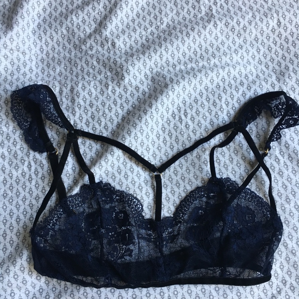 Gorgeous blue lace bondage bra and panty
